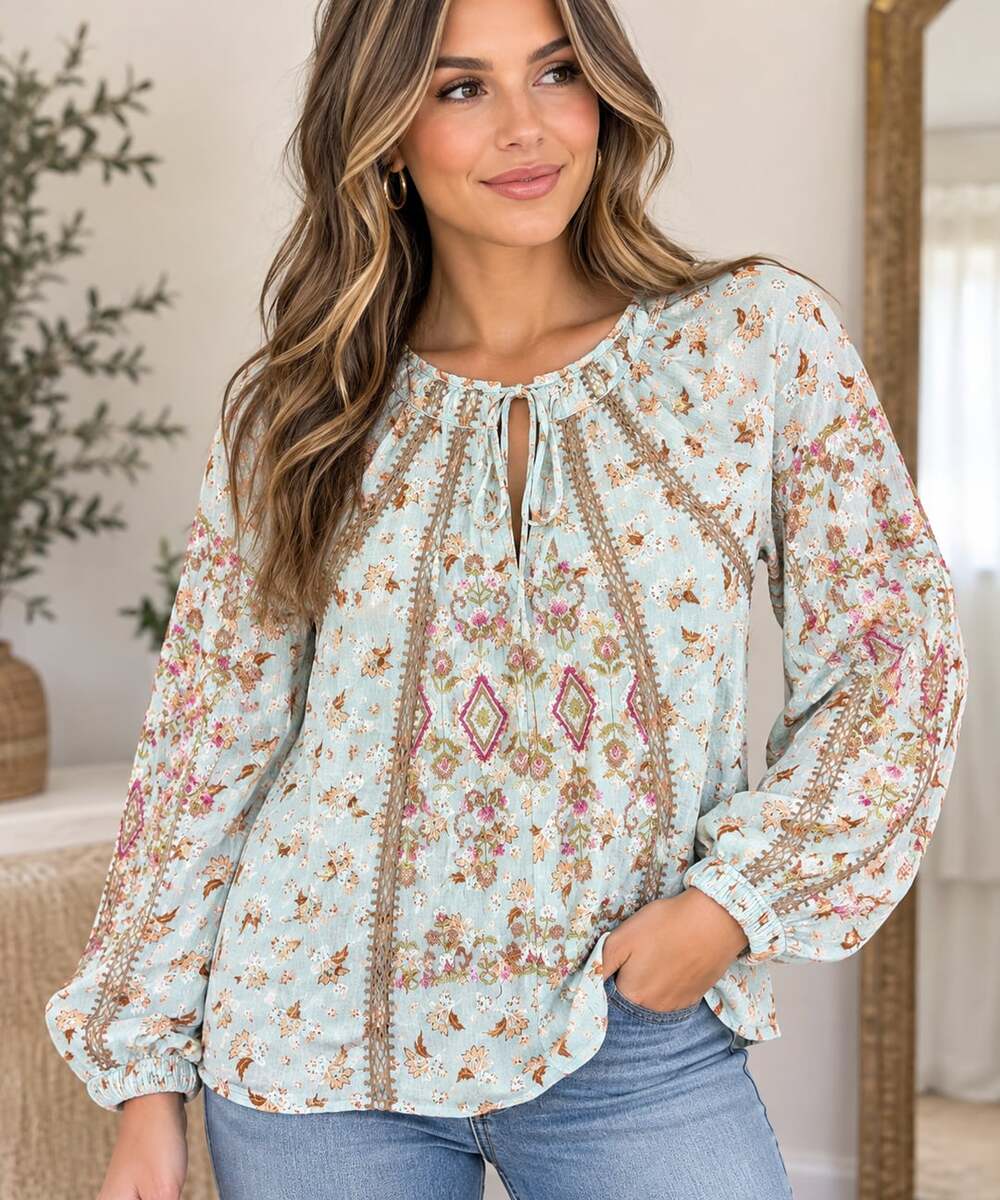 Sundance Floral Embroidered Blouse Size L Blue Boho Tunic Top